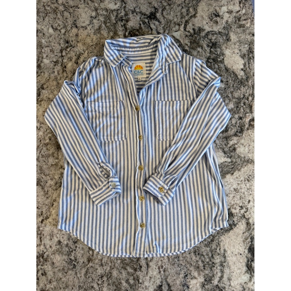 C&C California Womens Blue White Striped Long Sleeve Button Down‎ Shirt Small